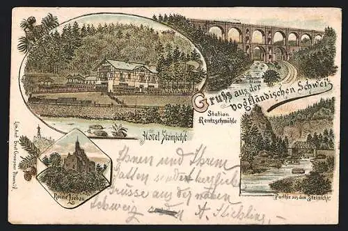 Lithographie Rentzschmühle /Voigtländische Schweiz, Hotel STeinicht, Ruine Liebau, Elsterthal-Brücke