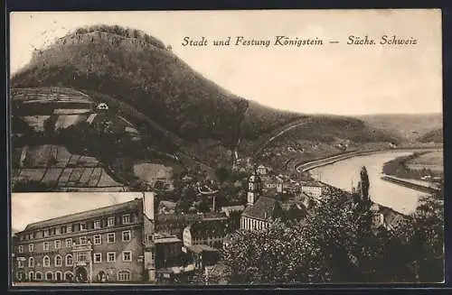 AK Königstein /Sächs. Schweiz, Hotel Sachsenhof v. Felix Schumann, Totalansicht mit Festung