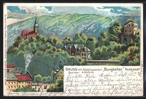 Lithographie Tharandt, Teilansicht mit Gasthaus Burgkeller v. A. Andrich und der Burgruine