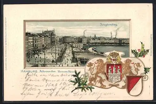 Passepartout-Lithographie Hamburg-Neustadt, Jungfernstieg, goldene Löwen mit Wappen