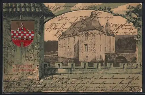 Passepartout-Lithographie Neuenhof bei Lüdenscheid, Schloss mit Zugangsbrücke