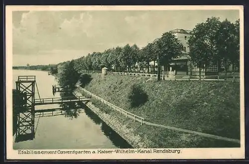 AK Rendsburg, Gasthaus-Etablissement Conventgarten v. C. Schulze, am Kaiser-Wilhelm-Kanal