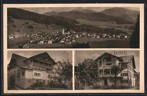 AK Oberstaufen, Hotel-Pension Büttner, Ortspanorama mit Kirche