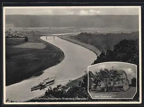 AK Fürstenberg /Oberweser, Hotel Fürstenberg, Panoramablick entlang des mäandernden Flusses