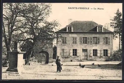 AK Sainte-Féréole, La Mairie et la place avec poules et arbres