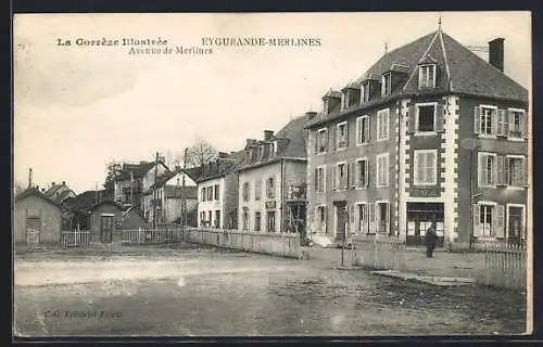 AK Eygurande-Merlines, Avenue de Merlines et bâtiments environnants