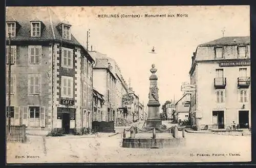 AK Merlines, Monument aux Morts et vue de la place centrale