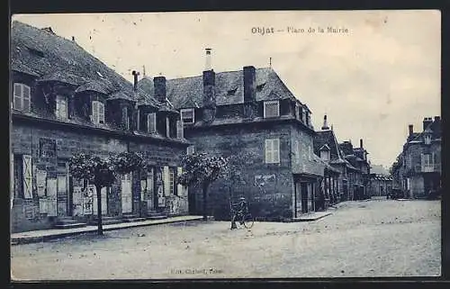 AK Objat, Place de la Mairie avec cycliste