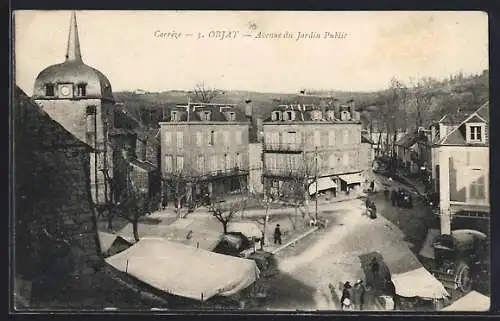 AK Objat, Avenue du Jardin Public avec clochers et bâtiments historiques