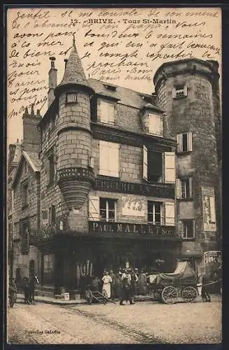 AK Brive, Tour St-Martin et épicerie Paul Mallet avec charrette et passants