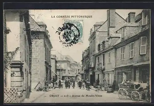 AK Objat, Avenue du Moulin-Vieux animée avec calèche et passants