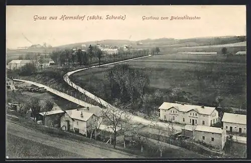 AK Hermsdorf /Sächs. Schweiz, Gasthaus zum Bielaschlösschen und Ortsansicht