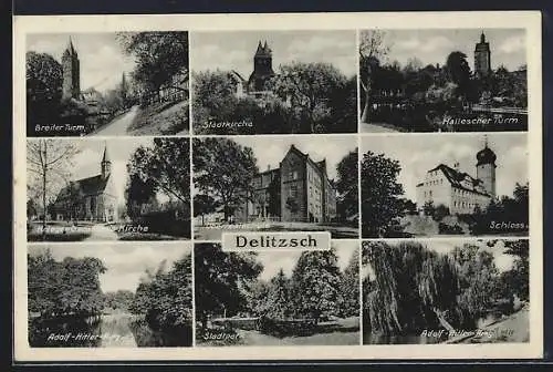 AK Delitzsch, Strasse, Breiter Turm und Schloss