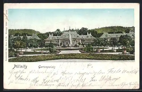 Goldfenster-AK Dresden-Pillnitz, Blick auf das Gartenpalais mit leuchtenden Fenstern