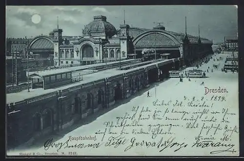 Mondschein-AK Dresden, Der Hauptbahnhof bei Nacht