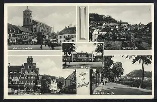 AK Homburg / Saar, Bahnhof, Zweibrückerstrasse, Josef-Bürckel-Platz, Befreiungsplatz, Gesamtansicht