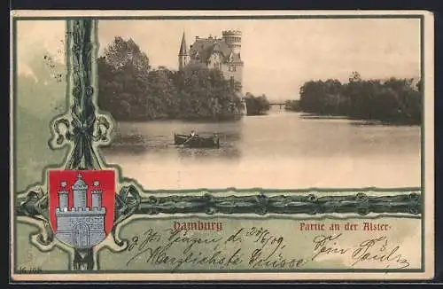 AK Hamburg-St.Georg, Partie an der Alster mit Wappen