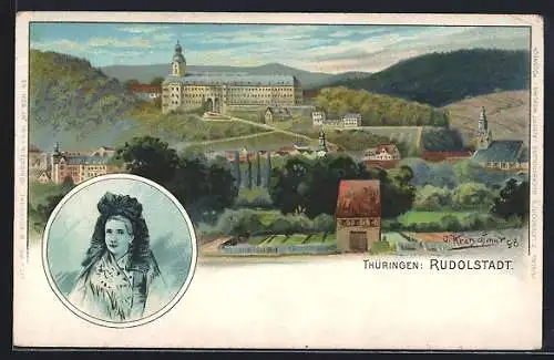 Künstler-Lithographie Rudolstadt, Ortspanorama mit Schloss