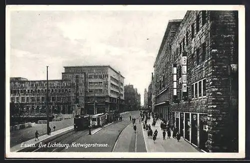 AK Essen, Kettwigerstrasse mit Lichtburg, Strassenbahnen