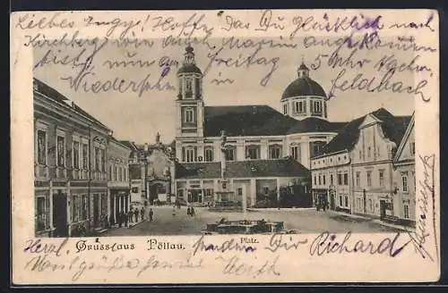 AK Pöllau, Platz mit Gasthof und Kirche