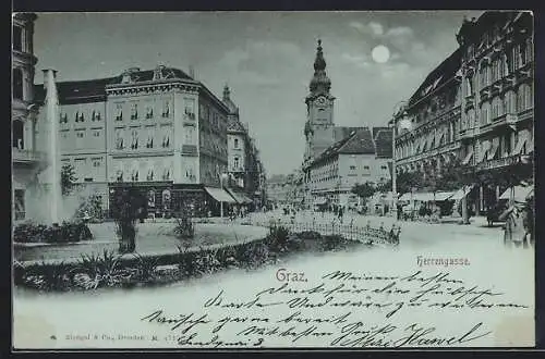 Mondschein-AK Graz, Herrengasse mit Geschäften und Brunnen