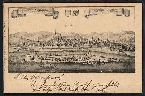 Lithographie Krems, Teilansicht mit Spitalkirche, Halltor und Wiener Tor