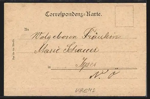 Lithographie Krems, Teilansicht mit Spitalkirche, Halltor und Wiener Tor