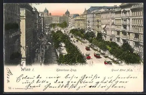 AK Wien, Grand Hotel im Kärntner-Ring 9 mit Strassenbahn