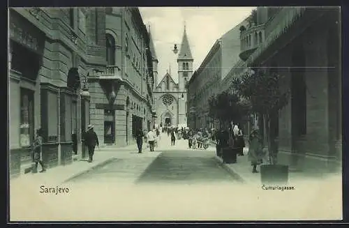 Mondschein-AK Sarajevo, Cumuriagasse mit Blick zur Kirche