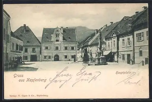 AK Kapfenberg, Hauptplatz mit Denkmälern und Geschäften