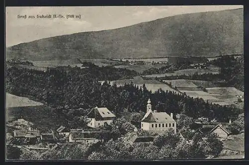 AK Gschaidt /N.-Oe., Ortsansicht mit Feldern und Bergpanorama aus der Vogelschau