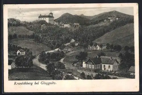 AK Kranichberg bei Gloggnitz, Ortsansicht mit Strasse und Bergpanorama aus der Vogelschau