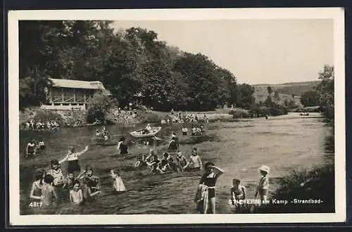 AK Stiefern am Kamp, Strandbad mit Badenden und Gebäude