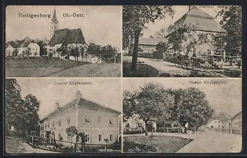 AK Heiligenberg /O.-Oe., Oberer und unterer Kirchplatz, Pfarrhof mit Strasse, Panorama mit Kirche