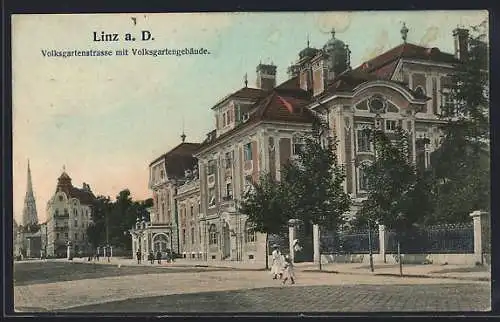 AK Linz a. D., Volksgartenstrasse mit Volksgartengebäude und Kirchturm