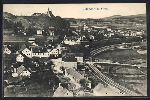 AK Judendorf b. Graz, Totalansicht mit Bahnschienen und Kirche aus der Vogelschau