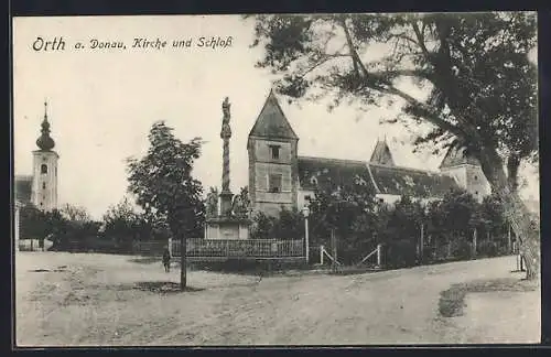 AK Orth a. d. Donau, Kirche mit Denkmal