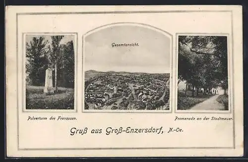 AK Gross-Enzersdorf /N.-Oe., Pulverturm der Franzosen, Promenade an der Stadtmauer, Gesamtansicht