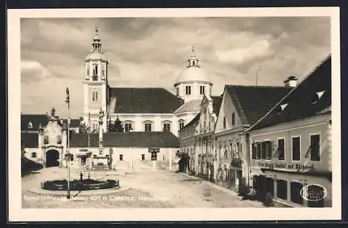 AK Pöllau /Oststmk., Hauptplatz mit Gasthof-Bäckerei Peter Heschl und Kirche aus der Vogelschau