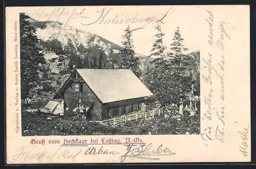 AK Göstling an der Ybbs, Hochkaar, Berghütte mit Wanderern u. Bergpanorama