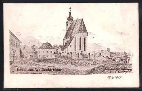 Künstler-AK Weissenkirchen, Ortspartie mit Kirche und Bergen