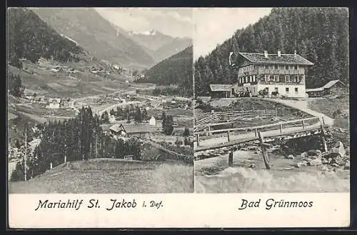 AK Mariahilf St. Jakob i. Def., Bad Grünmoos mit Brücke, Gesamtansicht mit Bergblick