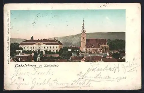 AK Gobelsburg im Kampthale, Ortspartie, Panorama mit Kirche aus der Vogelschau, mit goldenen Fenstern