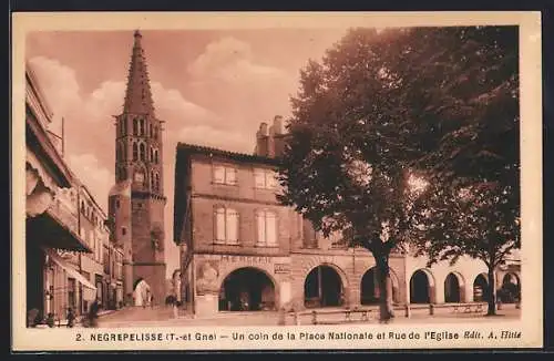 AK Nègrepelisse, Un coin de la Place Nationale et Rue de l`Église