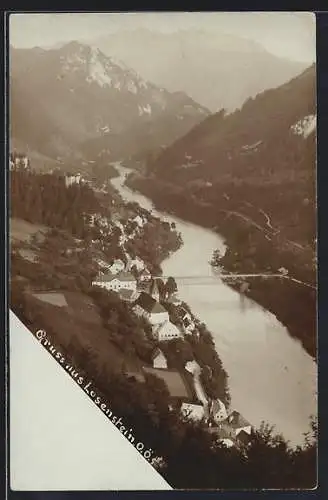 AK Losenstein /O. Ö., Totalansicht mit Brücke und Bergen aus der Vogelschau