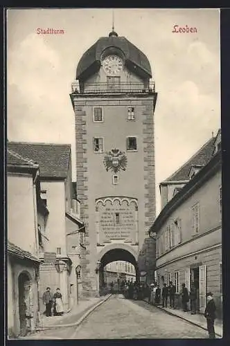 AK Leoben, Strassenpartie mit Stadtturm