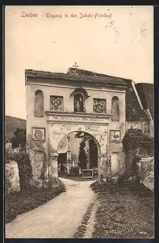 AK Leoben, Eingang in den Jakobi-Friedhof mit Jesuskreuz