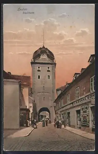 AK Leoben, Passanten vor dem Stadtturm