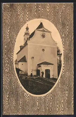 AK Rohrbach /O. Ö., Wallfahrtskirche Maria Trost, im Baumrinden-Passepartout