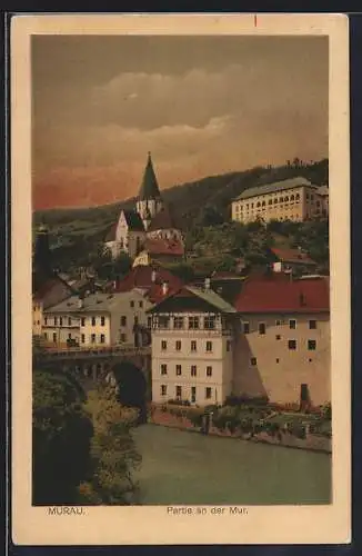 AK Murau, Teilansicht mit Murbrücke und Kirche